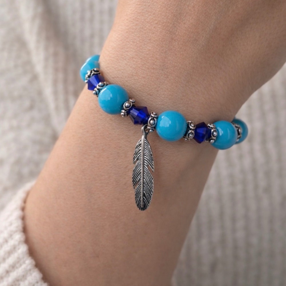 Blue Spirit Feather Beaded Bracelet